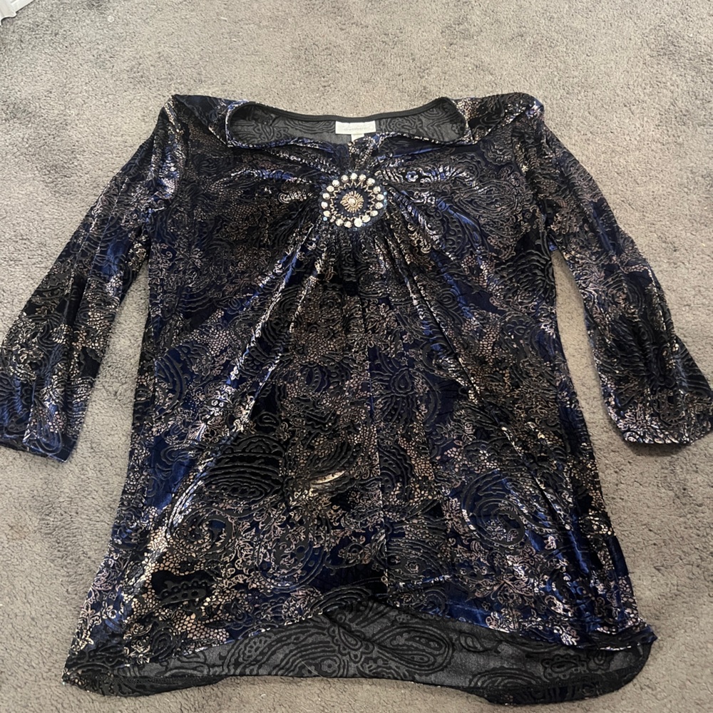 Dress Barn Blue Velvet Top with Silver Embellishments